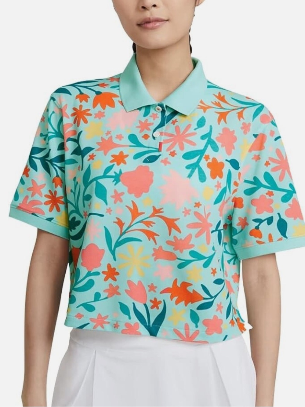 NIKE Women's Dri-FIT Short Sleeve Crop Floral Green Golf Polo Shirt, size Medium